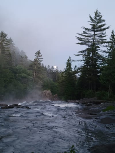 The image depicts a natural scene featuring a fast-flowing river surrounded by dense evergreen forest. The sky is overcast with a faint haze or fog, and a full moon is visible in the upper center of the frame. The river rapids churn with white water, flowing over dark, rocky terrain. The trees, predominantly coniferous, line the steep embankment on the left side of the river and extend into the background. The overall atmosphere is serene and slightly mysterious, with the soft moonlight filtering through the mist and trees. The location is identified as the city of Saint-Alban, Canada, suggesting a rural or wilderness setting. There are no people or man-made structures visible in the image, emphasizing the untouched nature of the environment. The foreground shows the rocky riverbed with shallow pools of water, while the background is dominated by the dark silhouettes of the trees against the muted sky.