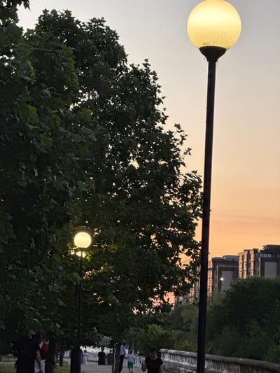 The image depicts an outdoor scene with a twilight sky, suggesting either dawn or dusk. A prominent, spherical, illuminated streetlamp is visible on the left, casting a warm glow. In the background, a large building with multiple windows can be seen, partially obscured by lush green trees. The trees dominate the midground and foreground, with their dense foliage creating a natural canopy.
Several people are present in the scene, appearing to be engaged in various activities, though their details are indistinct due to the lighting and distance. Some are walking, while others might be gathered, implying a public space like a park or a promenade. The overall atmosphere appears serene and peaceful. The time of day is indicated by the soft, diffused light and the sky's gradient of pale orange and grey. There is no visible text in the image. The setting seems to be an urban or suburban area with significant greenery.