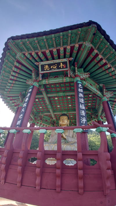 A low-angle, upward-facing shot captures a traditional Korean pavilion, specifically the "Wash Heart Pavilion" (洗心亭, Sesimjeong) as indicated by the central horizontal sign, housing a large Buddha statue. The scene is located in Godang-ri, South Korea.

The pavilion features a multi-tiered roof adorned with intricate 'dancheong' (traditional Korean ornamental painting) in patterns of green, red, and gold, supported by dark red pillars also decorated with similar motifs. Visible through the pavilion's structure is a bright blue sky.

Centered within the pavilion, a Buddha statue is depicted in a meditative posture, partially obscured by a dark red wooden balustrade or railing in the foreground. The Buddha's face and visible hand are golden, while its robes are rendered in muted tones of green, gray, and white, seated on a large lotus-petal base. The railing features decorative cut-outs and light green cap details.

Two vertical signs are present on the pavilion's pillars: the left sign reads "佛身普放大光明" (Buddha's body universally emits great light), and the right sign reads "色相無邊極清淨" (Form and appearance are boundless and extremely pure), both in white characters on a black background. The main sign also includes smaller Korean text: "최광암, 함자상" (Choi Gwang-am, Hamjasang).

Lush green trees are visible in the background, appearing through and behind the pavilion's railing and structure, suggesting a natural, possibly elevated, setting. The scene is brightly lit by natural sunlight, indicating daytime.