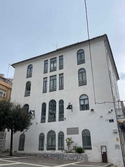 The image depicts a multi-story white building situated in a public square in Buñol, Spain. The building features a tiled roof and three visible upper floors above a ground floor. The facade is predominantly white with several windows.
On the ground floor, four arched windows are secured with ornate vertical wrought-iron grilles. Above these, on the first floor, are four similarly arched windows, each with dark frames and individual wrought-iron balconies. Two black, wall-mounted lantern-style light fixtures are positioned between these first-floor windows.
The second floor presents a central section with three rectangular windows, each equipped with a dark frame and a wrought-iron balcony, flanked by two arched windows with dark frames and balconies. The third floor mirrors this pattern with a central group of rectangular windows and outer arched windows, all featuring dark frames and wrought-iron balconies.
A large rectangular commemorative plaque, bearing text including "LA TOMATINA DE BUÑOL," is affixed to the white wall between the first and second floors, above small green bushes planted at the base. To the right of the building, a street sign reads "PLAZA DEL P... GUSI-OVAL," indicating a public square. A white loudspeaker and two small security cameras are mounted on the right side of the facade. A dark electrical cable runs vertically down the right wall. An antenna is visible on the rooftop. A partial view of a metal balcony with vertical bars is seen on the far right.
The immediate foreground consists of a paved pedestrian area with white and dark geometric patterns. A medium-sized tree with dark green foliage stands on the left side of the frame. An information stand with printed materials is located on the far right of the scene. An adjacent beige building is partially visible on the left. The sky is overcast and light grey. No individuals are present in the scene.