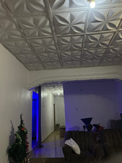 An indoor scene displays a gray decorative ceiling composed of geometric, floral-like patterns. The room is divided by a large archway. Beyond the archway is a living room area with a brown couch and a white pillow. To the right, a partial Christmas tree lies on a white floor, bathed in blue light. The lighting creates a cool, somewhat sterile ambiance, contrasting with the warmth of the living room section.