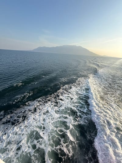 The image displays a marine environment from an elevated perspective, situated near Kato Karioutes, Greece. The foreground and midground feature the deep blue-green sea, actively churned into a prominent, frothy white wake. This wake extends diagonally from the lower right of the frame towards the mid-left, indicating the movement of an unseen watercraft from which the image was captured. The undisturbed water exhibits ripples. In the distant background, a range of mountains forms a hazy coastline, rising from the sea under a clear sky. The sky is a light blue, transitioning to a subtle yellowish hue along the right horizon, consistent with low sun conditions. No individuals or specific man-made structures beyond the implied vessel's wake are visible.