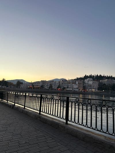 This image captures a serene waterfront scene in Chalkida, Greece, during twilight hours, likely dusk. The perspective is from a paved promenade along the water's edge, looking across a body of water towards a city built on hills.
In the foreground, a neatly paved walkway of grey interlocking bricks extends along the right side of the frame. A decorative black metal railing with a pattern of oval and circular elements runs parallel to the walkway, acting as a barrier to the water.
Beyond the railing, the calm surface of the water, possibly a sea or bay, reflects the ambient light. Across the water, the cityscape of Chalkida unfolds, with numerous multi-story buildings, appearing to be primarily residential or mixed-use, clinging to the slopes of hills and mountains that rise in the background. Some lights are visible in the buildings, enhancing the impression of evening. The distant mountains are silhouetted against the sky.
The sky exhibits a clear gradient, transitioning from a soft, warm golden hue near the horizon, indicative of a setting or rising sun, to a cooler, pale blue higher up. A scattered flock of small birds is visible in the sky, adding a dynamic element to the otherwise tranquil scene. The weather appears clear with no clouds. No people are explicitly visible in the frame, and there is no discernible text. The overall atmosphere is peaceful and picturesque, highlighting the beauty of the coastal city at twilight.