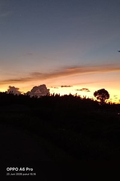 A silhouette of vegetation, including a lone tree on the right, is visible against a sunset sky. The sky transitions from a deep blue at the top to vibrant orange and yellow hues near the horizon. Several clouds are scattered across the sky, with a few appearing illuminated by the setting sun. A small, bright dot, possibly a star or planet, is visible in the upper left portion of the sky. On the far right of the image, a small, dark object resembling an airplane is visible against the sky. The foreground is a dark, silhouetted landscape, likely fields or natural terrain. The bottom of the image contains text.
The time of day is sunset, indicated by the colors of the sky and the lighting conditions. The text at the bottom of the image reads "OPPO A6 Pro" and "23 Juni 2026 pukul 19.16", suggesting the photo was taken on June 23, 2026, at 7:16 PM. The location context provided is Blangkutacoh, Indonesia. There are no people or specific objects of interest in the scene besides the natural landscape and the airplane. The overall mood of the image is tranquil and serene, typical of a sunset scene.