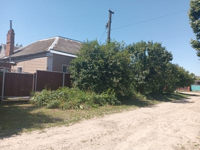 In Tbilisskaya, Russia, on a clear, sunny day, a dirt road runs alongside a property with a light-colored, horizontally-sided house. A dark brown metal fence with a chain-link section borders the property on the left. The house has a corrugated roof and a brick chimney. Dense green bushes and trees line the edge of the property, extending along the road. A utility pole with electrical equipment stands near the bushes. The road surface is granular and dry, with tire tracks visible. The overall environment suggests a rural or semi-rural residential area.