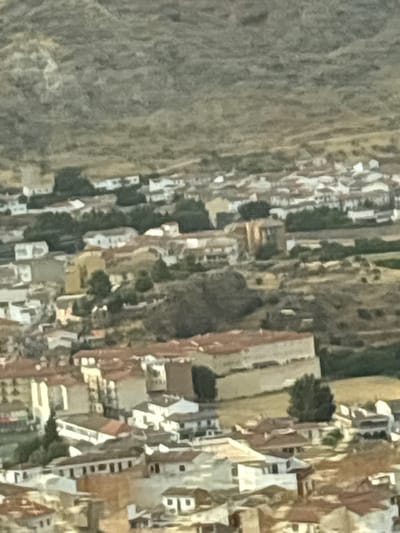 The image shows a panoramic view of the city of Loja, Spain, characterized by its hilly terrain and dense urban fabric. The architecture features a mix of white-washed buildings with terracotta roofs, typical of Andalusian villages. The city is nestled at the foot of a rugged, mountainous landscape, with the textured slopes of the hills dominating the upper portion of the frame.

The foreground and midground reveal a cluster of houses, some with multiple stories, arranged along winding streets and alleys that ascend the hillsides. The buildings are tightly packed, creating a sense of a dense, ancient settlement. There are indications of greenery scattered throughout the urban area, including trees and small patches of vegetation.

In the midground, a larger, light-colored building with a prominent, possibly arched, structure stands out, suggesting a significant public building or landmark. The overall impression is one of a historic town integrated into a dramatic natural setting. The quality of the image is somewhat blurred, possibly due to the distance from which it was taken or the photographic conditions, which imparts a painterly or impressionistic quality to the scene. There are no discernible people or specific actions visible in the image.