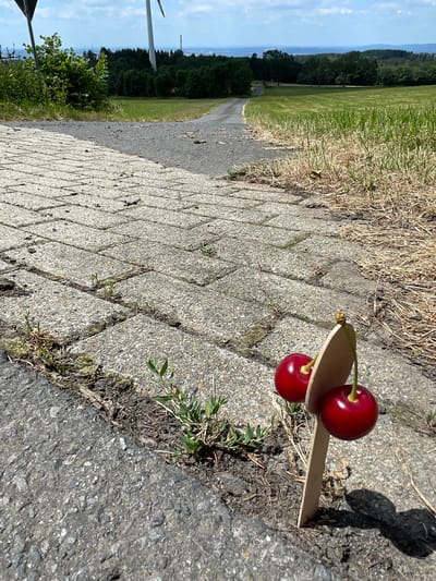 In Schwarzenborn, Germany, a paved path with concrete pavers meets an asphalt surface. Two ripe cherries are skewered onto a thin wooden stick, which is planted in the ground at the edge of the asphalt. Beyond the path, a mown grassy field stretches towards a line of trees. In the distance, rolling hills and a hazy sky are visible. A wind turbine stands prominently in the background.