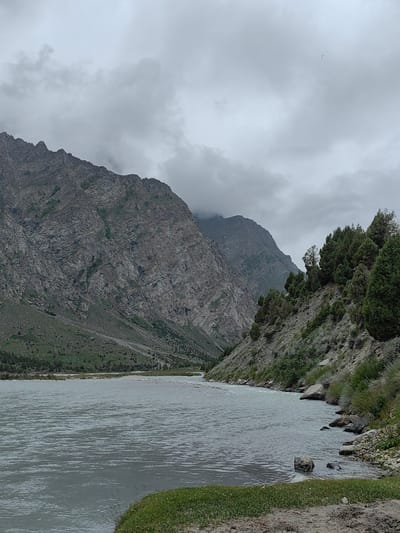 The image depicts a wide, calm river flowing through a valley in Jispa, India. The water is a muted, silvery-grey, reflecting the overcast sky. The riverbanks are lined with sparse green grass and dirt in the foreground, transitioning to rocky, grey slopes dotted with sparse vegetation further away. On the right side of the river, a steep, rocky hillside is covered with dense, dark green coniferous trees. In the background, towering, rugged mountains with sharp, grey peaks rise on both sides of the valley. The sky is heavily clouded with a thick layer of grey clouds. A small, dark shape, possibly a bird, is visible in the upper right portion of the sky. The scene appears serene and untouched by human activity, with the natural landscape dominating the view.