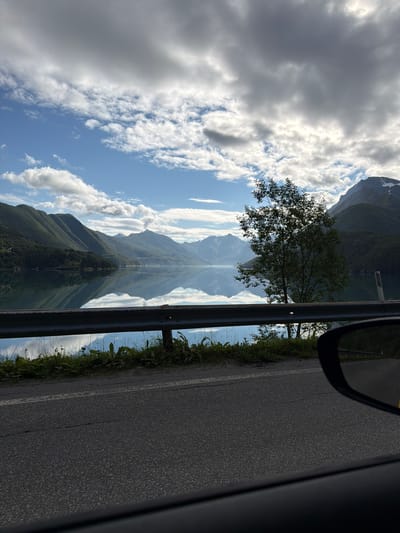 The image shows a scenic view of a fjord and mountains in Svartisen Gård, Norway. The sky is partly cloudy with dramatic, grey and white clouds interspersed with patches of blue sky. The mountains are covered in lush green vegetation, with some snow-capped peaks visible in the distance. The water of the fjord is calm and reflects the mountains and the sky, creating a mirror-like effect. A guardrail runs along the roadside, separating the road from the natural landscape. A single tree stands to the right of the frame, its leaves silhouetted against the sky. The foreground shows a section of asphalt road and the side mirror of a vehicle, suggesting the photo was taken from a car. The overall scene is one of serene natural beauty, with a sense of vastness and tranquility.