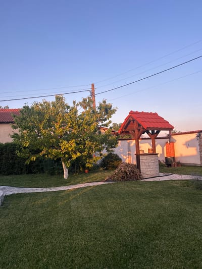 In the city of Voyvodino, Bulgaria, an outdoor scene unfolds. The image captures a residential yard with a well-maintained lawn. To the left, a mature tree with green leaves stands, its trunk painted white. Behind the tree, a building with a red-tiled roof is visible, along with a dark green hedge. In the center right, a picturesque well with a red-tiled roof structure is present, made of stone and wood. Adjacent to the well, a pile of dried leaves and branches rests on the ground. A brick chimney structure stands to the right of the well. A paved pathway curves through the lawn, leading towards the well. The sky above is a clear, gradient blue, transitioning to a warmer hue near the horizon, suggesting either sunrise or sunset. Overhead, electrical wires are strung between poles, one of which is visible on the right side of the frame. The scene is bathed in a warm, soft light, characteristic of the golden hour.