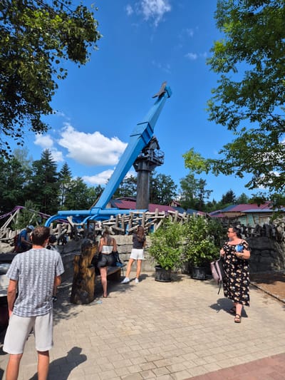 The image shows a sunny day at an amusement park. In the background, a large blue amusement park ride dominates the frame, with a statue of a bird perched on top. The ride appears to be a drop tower or a similar thrill ride. In the middle ground, a wooden fence encloses an area with more amusement park structures, including a roller coaster track with purple rails. In the foreground, several people are walking on a paved pathway. A man in a patterned t-shirt and white shorts is walking away from the camera. To his left, a woman in a black floral dress is walking towards the camera, carrying a bag and a blue object. Other people are visible in the background, near the attraction and the fence. The park is surrounded by trees, indicating a natural setting. The overall atmosphere is that of a lively outdoor recreational space. The scene is located in the city of Reisbach, Germany.