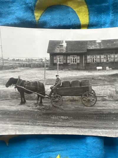 The image depicts a black and white photograph of a horse-drawn cart loaded with barrels, in front of a building with multiple windows. A person, presumably the driver, is seated on the cart, holding the reins. The scene appears to be outdoors, possibly in a rural or historical setting. The cart has large, spoked wheels. The building behind the cart has a rustic appearance, with visible window frames. The ground is uneven and appears to be dirt or gravel. The overall impression is of a historical agricultural or transportation scene. The photograph is taken at an angle, suggesting it might be a candid shot or a photograph of a photograph. The background is slightly blurred, focusing attention on the cart and the building. There is no visible text in the image.
