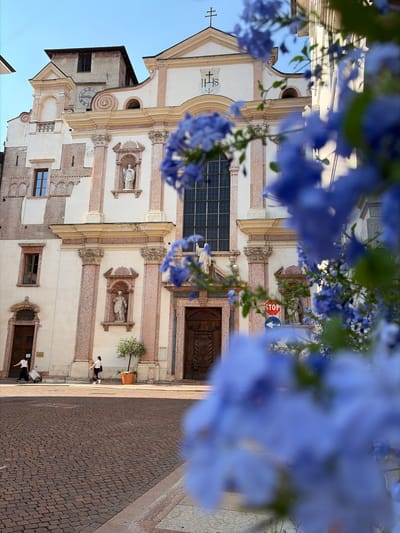The image shows a religious building, likely a church, with a prominent facade. The building is made of stone and features architectural details like columns, arches, and statues. A clock is visible on one side of the building. In the foreground, blue flowers are blurred, suggesting they are part of a decorative element or hanging plants.
The scene appears to be a public space, possibly a plaza or street, paved with cobblestones. A few people are present, walking along the paved area. One person is wearing a white mask, indicating a contemporary setting. A stop sign and a directional sign are visible on the building's facade. The sky is clear, suggesting fair weather, and the lighting indicates it is daytime, possibly late afternoon given the shadows. The architectural style and the presence of a church suggest a European location, consistent with the provided context of Trento, Italy. The overall mood is serene and contemplative, with a touch of vibrancy from the flowers.