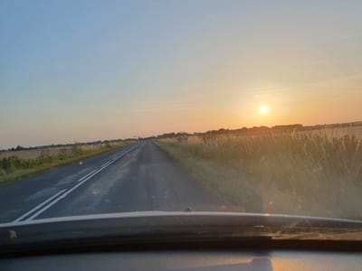 The image captures a view from inside a vehicle, looking out at a straight, paved road stretching into the distance under a clear sky with the sun setting on the horizon. The road is marked with double white lines. On either side of the road are fields with tall, dry grass, illuminated by the warm glow of the setting sun. A line of trees and some distant buildings can be seen along the horizon. The foreground of the image shows the dashboard and windshield of the vehicle. The scene depicts a rural landscape during golden hour.