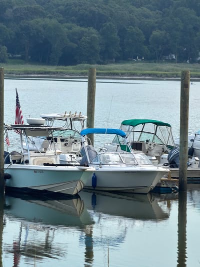 The image depicts a waterfront scene in the Village of Bayville, United States of America. In the foreground, several boats are docked on a body of water. Two wooden pilings are visible, one on the right side of the frame and another partially visible on the left. The boats appear to be recreational vessels, with some equipped with canopies and fishing rod holders. The hull of a light blue boat in the foreground displays a registration number that appears to read "NY 5766 GS". Reflections of the boats and pilings are visible on the water's surface. In the background, a lush green treeline borders the water, with a hint of a white structure or house visible amongst the trees. The sky is overcast, contributing to the muted lighting of the scene. The overall atmosphere is calm and serene, suggesting a quiet day at the harbor.