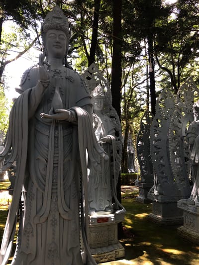 This is a photograph of a row of stone statues in a garden setting at the Truc Lam Meditation Center in Nam Ban, Vietnam. The statues, which appear to be Buddhist figures, are grey and intricately carved. They are arranged in a line, with the closest statue in the foreground being the largest and most detailed. The statues are surrounded by tall trees with lush green foliage, and the ground is covered in moss and dappled sunlight. The overall atmosphere is serene and spiritual.