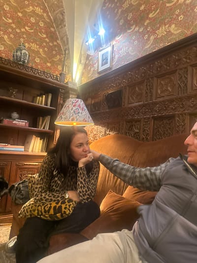 A woman in a leopard-print top sits on a brown sofa, covering her mouth with her hand. A person stands over her with a hand near her face. The scene is indoors with ornate wood paneling on the ceiling and walls. A patterned lampshade sits atop a lamp near a bookshelf filled with books. The room has rich, warm tones.