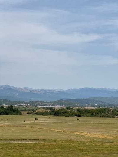The image depicts a landscape in the vicinity of Ridjani, Montenegro, under a partly cloudy sky. In the foreground, a vast, grassy field is visible, showing variations in color from green to dry yellow, with subtle patterns indicating mowed or grazed areas. Scattered small trees and shrubs dot this field.

The midground transitions into a more densely vegetated area, characterized by a line of green trees and bushes. Beyond this, a settlement with red-tiled roofs can be observed, nestled among the vegetation and hills.

The background is dominated by a series of rolling mountains, layered in shades of blue and gray, receding into the distance. The highest peaks appear to be rugged and possibly rocky, with some lighter patches that could indicate snow or lighter rock formations. The overall atmosphere is serene and rural, highlighting the natural beauty of the Montenegrin countryside.