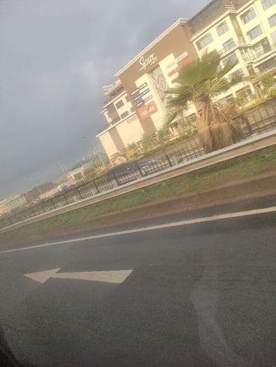 This image depicts an urban commercial area under an overcast sky, located in Theta ward, Kenya. In the immediate foreground, an asphalt road surface features a prominent white left-turn arrow. A metal guardrail atop a concrete barrier separates the road from a strip of green grass and a black metal fence. Beyond this barrier, a multi-story commercial building with brown and beige facades dominates the midground and background. The building is identified by prominent signage including "Spur NGU", "VERDURA HOTEL", "BETTER HOME", "SPORTING LIFESTYLE", "SOLAR", and "Naivas", alongside a large decorative graphic on its facade. A palm tree with a shaggy trunk and green fronds stands in front of the building. Further along the roadside, additional commercial buildings are partially visible, and a yellow excavator is present at ground level near the main structure. Indistinct vehicles are visible on an adjacent road behind the fencing. The overall scene is static, viewed from a low angle across the road.