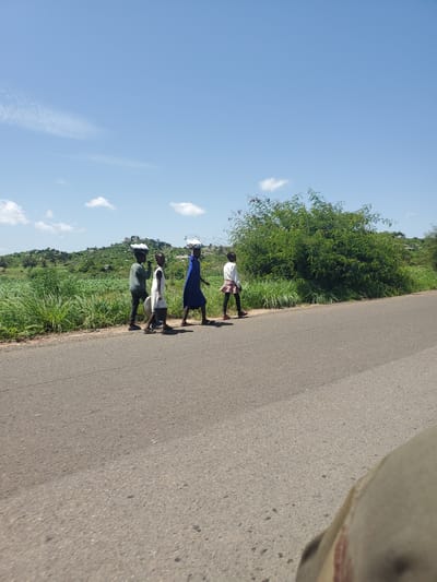 Four children are walking on the right side of a paved road, from left to right. The child in the front is wearing a blue dress and carrying items on their head. To their left, a child in a white dress is carrying a large pot or bucket. Next to them, a child in a dark green shirt and dark pants is also carrying items on their head. The fourth child, on the far left, is dressed in dark clothing and carrying something on their head. They are walking on the shoulder of the road, which is covered in tall green grass. The background shows a hilly landscape with green vegetation and scattered rocks under a clear blue sky with some white clouds. The image appears to be taken in Pankshin, Nigeria.