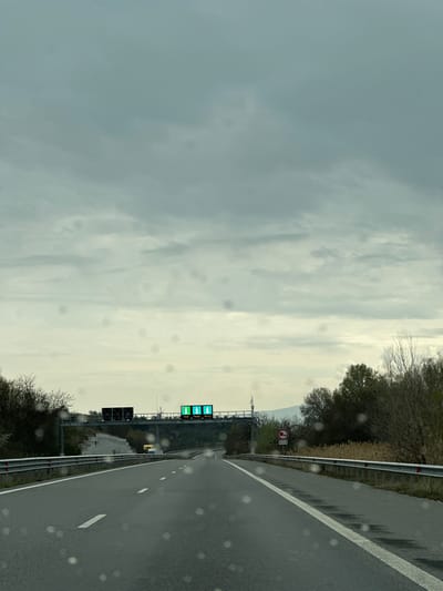A slightly tilted, long-shot, ground-level image depicts a two-lane highway under a cloudy sky. The highway is wet, presumably from recent rain, and has a white dashed line separating the lanes. To the right of the road, a metal guardrail runs along the shoulder. Beyond the guardrail is a wooded area with trees that have bare branches. Along the shoulder, there is a round traffic sign with a red border. Further down the road, an electronic sign displays messages in green. Behind the sign is a bridge structure.
The location in Valkovo, Bulgaria cannot be verified.