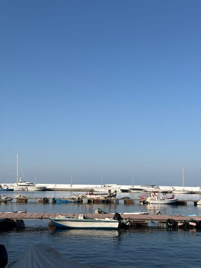This is a photograph taken at the port of Nea Kallikratia, Greece. The image features a clear blue sky above a serene harbor filled with various boats. A wooden pier extends into the water in the foreground, with a small, white and blue boat moored beside it. Several other boats, including larger yachts and smaller fishing vessels, are visible further out in the harbor, docked or at anchor. In the background, a white wall or embankment separates the harbor from the land. The scene is peaceful, with the calm water reflecting the clear sky and the boats. No people are visible in the frame.