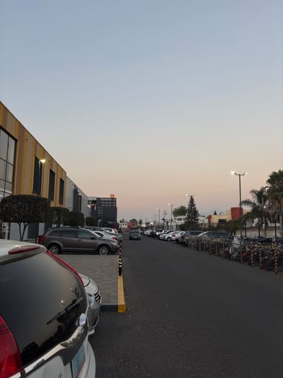 A parking lot is filled with cars parked alongside a modern building featuring a yellow and grey facade. A row of streetlights illuminates the paved road. In the distance, more cars are lined up, with taller buildings beyond. The sky is a mix of grey and orange. Shopping carts are visible behind a fence-like barrier at the far end.