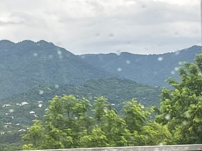 The media file depicts a wide shot of a verdant, mountainous landscape under an overcast sky. The foreground is dominated by lush green trees, their foliage appearing somewhat blurred, possibly due to wind or the quality of the image. In the midground, scattered white structures, resembling houses or buildings, are visible nestled on the slopes of the mountains, suggesting a sparsely populated area. The background features layers of progressively darker, forested mountains that recede into the distance, creating a sense of depth. The sky is a uniform light gray, indicating cloudy or perhaps rainy weather. There are several circular, whitish-gray blurs scattered throughout the image, which might be water droplets on a lens or sensor. The overall scene evokes a sense of natural beauty and tranquility, characteristic of a rural or mountainous region. Given the provided location context of Nakaidzeebi, Georgia, the image likely captures a view of the Georgian countryside. No text is visible in the image.