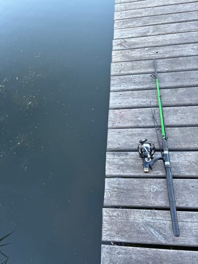 A fishing rod sits horizontally on a weathered wooden pier adjacent to a body of water. The rod is composed of a black handle, a silver reel, and a green and black shaft. The wooden pier is made of several planks, with visible gaps and nail or screw heads. The water is dark with some visible underwater plants or debris. The scene appears to be outdoors in daylight. The specific location in Khryashchevka, Russia, cannot be determined from the visual information provided.