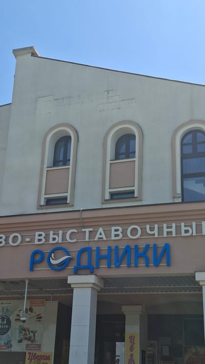 This is a medium-angle, vertical, eye-level, outdoor shot of the upper facade of a building. The building is light beige with arched windows on the upper level. Below the windows, there is a sign that reads "РОДНИКИ" in blue lettering with a circular logo to the left of the first letter. The building appears to be a commercial establishment, possibly a shop or mall, as evidenced by signs visible on the lower part of the facade, including one that reads "Цветы" (Flowers). The sky above is clear and blue. The location is Dzyarzhynsk, Belarus.