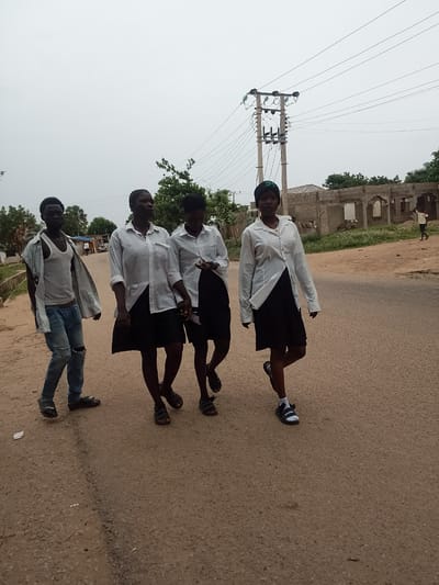 Four individuals are walking on a paved road in Biliri, Nigeria. The first on the left is a male wearing ripped blue jeans, a white tank top, and an unbuttoned light blue shirt. The other three are females wearing unbuttoned white shirts and black skirts. They are all walking in the same direction. Overhead electrical wires stretch above the road. In the background, there is a partially constructed or dilapidated building. A person walks in the distance behind this structure. Trees and sparse vegetation surround the area. The sky appears overcast.