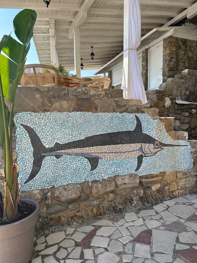 The image shows an outdoor area with a stone wall featuring a mosaic of a swordfish. To the left, a large potted plant with broad green leaves stands near the mosaic. The mosaic depicts the fish in profile against a background of small, light blue tiles. Above the stone wall, a wooden structure with a white ceiling is visible, supported by white pillars. White fabric is draped from one of the pillars. In the background, part of a building constructed with stone and white doors can be seen. A paved walkway with irregularly shaped stones leads away from the wall.