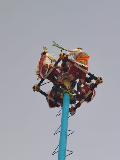 The image shows a group of people performing a traditional dance atop a tall, blue pole with a ladder attached. They are wearing colorful, traditional clothing and are standing on small wooden platforms connected to the pole. The dance is taking place in Cozumel, Mexico, at the coordinates 20.51° N, 86.95° W. The sky is clear and the background is a light blue.