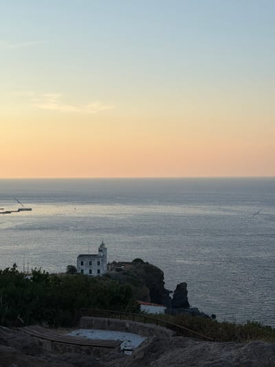 This is a vertical, full-shot photograph taken on Capraia Isola, Italy, featuring a serene coastal scene at dusk. The left half of the image is dominated by a gradient sky transitioning from pale blue at the top to soft peach and yellow hues near the horizon, indicating the sun is setting. A few wispy clouds are visible in the pastel-colored sky.

The right half of the image showcases the calm sea, its surface textured with gentle ripples reflecting the muted light. In the distance, a small, white, two-story building with a light on top, possibly a lighthouse or a small dwelling, is nestled on a rocky outcrop. Adjacent to the building, dark green foliage covers the landscape. A rustic wooden pathway with stone steps leads down towards the sea from the foreground. The foreground is occupied by a large, rough-textured grey rock face, adding a sense of ruggedness to the scene. A thin, dark object, possibly a bird, is visible flying in the sky above the sea. A few small boats or structures are present in the water near the building.

The overall atmosphere is tranquil and peaceful, evoking a sense of quiet contemplation as day transitions into night. The lighting suggests it is either early morning or late evening. No text is visible in the image.