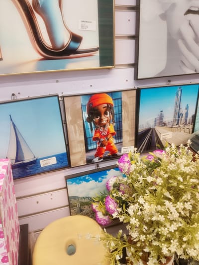 This media file displays a collection of framed artwork mounted on a light purple, slatted wall, likely in a retail setting. The artwork includes a variety of subjects. At the top left, a close-up image features a high-heeled shoe with a metallic rose gold finish and a black strap, framing a person's foot. To its right, a black and white image shows a close-up of a person's lips and hand.
Below these, a series of framed prints are arranged horizontally. The leftmost print depicts a sailboat on a bright blue body of water under a clear sky. The middle print features a cartoon character, possibly a child, wearing an orange tracksuit, an orange beanie, and a large silver chain, with a mischievous expression. The rightmost print shows a futuristic cityscape with tall, modern buildings and a monorail track in the foreground, under a vibrant blue sky.
In the foreground, a bouquet of artificial flowers, predominantly white with some pink and purple accents, is arranged in a woven basket. A portion of a pale yellow object, possibly a stool or display item with a circular cutout, is visible at the bottom center. To the left, a pink and white patterned box is partially visible.
The overall scene appears to be a display of decorative items in a store, possibly an art gallery or gift shop, in Aketu-Oja, Nigeria. The lighting suggests an indoor environment, and there are no obvious cues about the time of day or weather conditions outside. Some small, white labels with text are visible on some of the framed prints, but the text is too small to be legible.