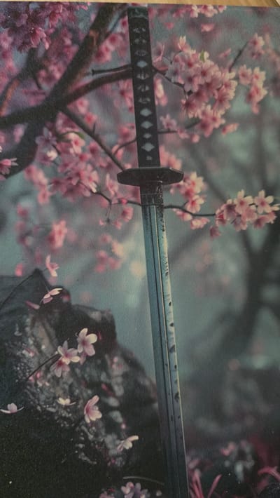 The image shows a katana sword laying horizontally amongst cherry blossoms. The sword appears to be resting on a dark surface on the right, and is surrounded by pink flowers. The background is a muted blue-grey tone, possibly suggesting a cloudy or misty environment. There is no indication of the location being Zirndorf, Germany, in the image.