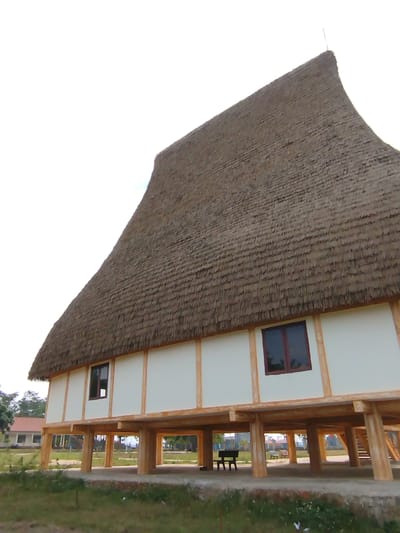 The image shows a traditional stilt house, likely located in the city of Đà Giang, Vietnam, based on its architectural style. The house is elevated on wooden pillars, with a ground level area underneath. The structure has a very large, steeply pitched, thatched roof, and the walls appear to be white with vertical supports, possibly made of the same wood as the pillars. The house has two windows visible in the photograph, with dark frames. A bench is visible underneath the house. The surrounding environment appears to be grassy, with other buildings visible in the distance. The lighting suggests it is daytime, with an overcast sky. There are no people visible in the immediate scene.