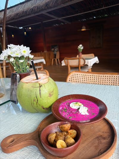 The image captures a meal setting, likely in a restaurant or café, in Petulu, Indonesia. A round wooden serving tray features a bowl of cold borscht with half of a hardboiled egg and herbs on top, along with a small bowl of roasted potatoes. Next to the tray is a young coconut with a straw, sitting on a table with a small vase of white daisies and a cell phone. The background showcases a rustic interior with wooden walls, furniture, and thatched roofing, indicative of the local architectural style. Rattan chairs are visible near tables set for dining, suggesting a relaxed ambiance.