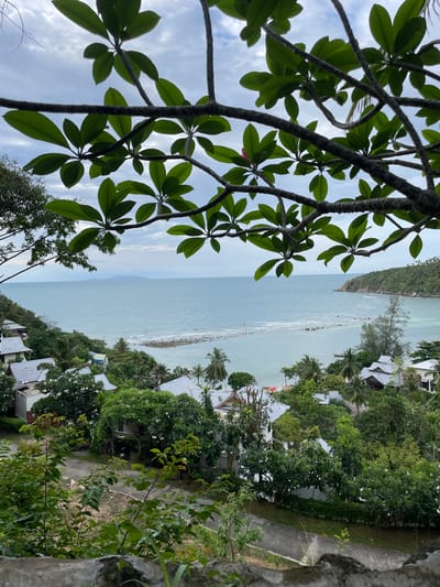 The image depicts a coastal scene in Baan Wang Ta Kien, Thailand. A body of water stretches from the foreground to the background, with a visible shoreline. The foreground is characterized by lush greenery, including a tree branch with large leaves that partially obscures the view. Buildings with white roofs are interspersed among the trees along the coastline. A rocky outcrop or breakwater extends into the water. The sky is overcast.