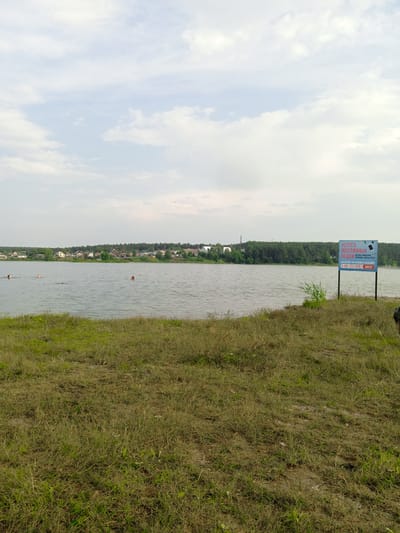 This media file shows a lake scene with a grassy foreground and a distant treeline with a village. In the lake, several people are swimming. On the right side of the image, a blue sign with text and images of a phone and jewelry is visible. The sign advertises a lost and found service for valuable items like jewelry and phones, specifying that they can be found "on land, in water, and underwater." A phone number and the name "Sergey" are also listed. The sky is overcast with clouds, suggesting a temperate day. The overall atmosphere appears to be a leisurely summer day at a lake, possibly a recreational area given the presence of swimmers and the lost and found service. The location context provided is Pavlovsk, Russia.