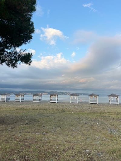The image depicts a beach scene in Pitsunda, Abkhazia. In the foreground, there is a patch of dry grass and gravel. A line of six white, open-sided gazebos with thatched roofs and beige curtains stretches along the shore. The gazebos are spaced evenly apart. Beyond the gazebos, a calm sea meets a distant, hazy coastline with layered hills. The sky above is a mix of blue with scattered white and grey clouds, some of which are illuminated by sunlight. A dark green pine tree branch extends into the upper left corner of the frame. One person, appearing to be a child, is visible in the water near the middle of the gazebos. The overall impression is one of a serene, seaside resort setting.