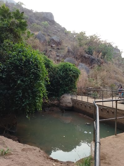 The image presents a natural landscape dominated by a steep, rocky hillside on the right and in the background, contrasting with lush green vegetation and a murky body of water in the foreground and midground.
The upper portion of the image is filled with a rugged, ascending hillside composed of numerous large, grey boulders and smaller rocks. The vegetation on the hill is sparse and appears dry in many areas, characterized by brown, withered grasses and shrubs, with occasional pockets of small green trees and bushes scattered among the rocks. The sky above the hill is very bright, almost white, suggesting clear daylight conditions.
In the midground, to the left, there is a dense cluster of vibrant green, leafy vegetation, likely bushes or small trees, which stands out against the drier hill. This lush greenery extends downwards towards the water.
In the lower half of the image, a body of water, possibly a pond or a basin, is visible. The water appears murky, with a greenish-brown hue, and reflects the bright sky and surrounding elements on its surface. There is some visible debris floating in the water.
A man-made structure, a concrete walkway or bridge, is built along the right edge of the water body. This walkway features sturdy metal railings, dark grey or black in color, providing a barrier along the path. The railing in the immediate foreground is prominent and angled towards the viewer. The concrete structure also forms a wall bordering the water, and along its upper edge, there are several evenly spaced, small, cylindrical protrusions or pipes.
In the distance, on the walkway at the base of the hill, a few indistinct figures of people can be seen, suggesting human presence and activity in the area. The ground immediately adjacent to the water on the left side consists of exposed reddish-brown soil or sand.
The scene is illuminated by bright daylight, contributing to the clear visibility of the varied textures and colors in the landscape.