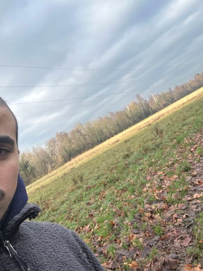 The scene depicts a rural landscape identified as Fegersheim, France, captured from an angled perspective. A male individual is partially visible in the lower-left, showing the left side of his face, including an eye, eyebrow, and mustache. He wears a dark blue hooded layer beneath a grey, textured jacket with a black zipper. The foreground and mid-ground consist of a sloping field covered with green grass and numerous scattered brown autumn leaves. A band of lighter, golden-brown vegetation spans horizontally across the field beyond the immediate foreground. In the distance, a dense line of bare deciduous trees forms a horizon. Above the tree line, several thin, dark horizontal lines, consistent with overhead power lines, are visible against an overcast sky featuring grey and white striated clouds. No explicit actions or interactions beyond the act of photography are discernible.