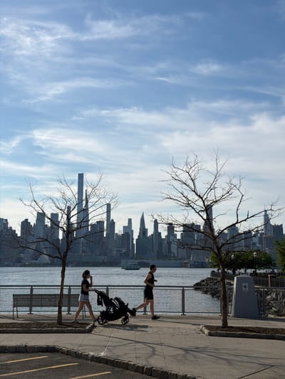 In Weehawken, United States of America, two individuals are seen by the waterfront with the New York City skyline in the background. A woman, wearing a black t-shirt and light-colored shorts, walks a black double stroller. To her right, a man in a black tank top and dark shorts runs along the paved walkway. A bare-branched tree stands between them and the water. A metal railing separates the walkway from the river. In the distance, a ferry boat travels across the water, and a dense array of skyscrapers forms the iconic Manhattan skyline under a partly cloudy blue sky.