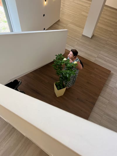 An overhead view captures a woman standing near a potted plant inside a building with a modern interior. The woman, who appears to be middle-aged with dark hair, is wearing a green and white polka-dot dress. She is looking upwards and to her right, with her left hand raised towards the plant, which has green leaves and white flowers. The plant is in a light-colored square pot.
The floor is covered in large wooden-look tiles, with a section of darker wood tiles beneath the woman and the plant, and lighter wood-look tiles extending further into the space. To the left of the woman, there is a black baby stroller.
The environment suggests an indoor space with a large window or opening to the left, revealing some greenery and light outside. A white wall forms a partition or railing in the foreground and extends to the left. In the background, a pale pillar or structural element is visible, also standing on the lighter tiled floor. The scene is lit by artificial light, with a wall-mounted fixture visible high on the wall in the upper left. The overall impression is one of a clean, contemporary interior, possibly a residential building, a hotel lobby, or a public space in Pitsunda, Abkhazia.