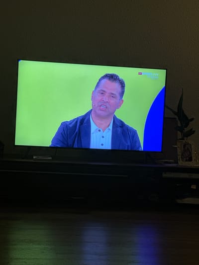 An indoor shot captures a television screen displaying a man in a dark jacket and light blue shirt against a bright green background with a blue curved shape on the right side. The screen shows the "SRF SPORTLIVE" logo in the upper right corner, with text underneath that is partially obscured but appears to read "FIFA WM 2026". The television is positioned on a dark wooden media console. To the right of the television, a tall green plant is visible, next to a small framed picture that appears to contain two people. The room is dimly lit, with the screen being the primary light source, casting a green and blue reflection on the wooden floor in the foreground. The background wall has a textured, dark surface. The image was taken in Hüsen, Switzerland.