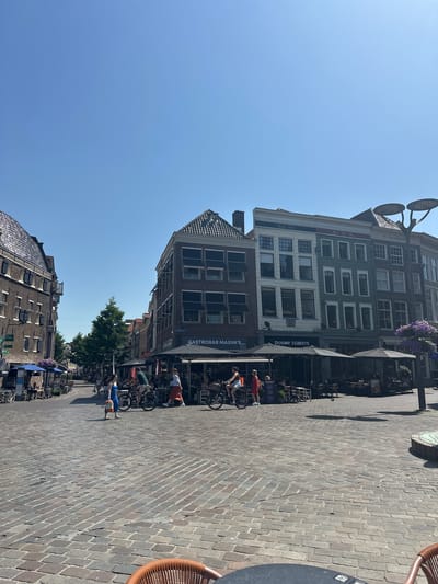 The image depicts a sunny day in a cobblestone street in Zwolle, Netherlands. The scene is lined with traditional Dutch buildings, some with awnings for outdoor seating. People are engaged in various activities, including cycling and relaxing at cafes. One person is on a bicycle in the foreground, while others are seated at tables. Shadows cast by the buildings and the bright sunlight suggest it is midday. A cafe named "GASTROBAR MAXIM'S" is visible on one of the buildings, along with "DOUWE EGBERTS". The overall atmosphere appears relaxed and pleasant, indicative of a typical summer day in a European city. The sky is clear blue.