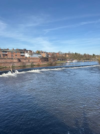 The image captures a wide view of the River Dee and its surrounding urban landscape in Chester, United Kingdom, under a clear blue sky with minimal high-altitude wisps. The foreground is dominated by the dark blue-grey river water, flowing towards the viewer. In the midground, a horizontal weir spans the river, creating a continuous line of white, turbulent water as it drops. On the far left of the weir, a dark, vertical structure, possibly wooden or concrete, is partially submerged, causing a more concentrated area of foaming water.
Along the far bank, a reddish-brown brick embankment with sparse vegetation borders the river. Behind this, a series of multi-story buildings are visible, predominantly constructed of brick with red-tiled roofs. A distinct white building with multiple windows is centrally located within this architectural cluster. Further along the bank to the right, a promenade or park area is lined with numerous bare-branched trees, suggesting a non-summer season. Along the river in this section, several small boats are moored, and yellow marker buoys are present in the water. Faint figures are discernible on the promenade, and vehicles are visible on a road behind it. The scene is brightly illuminated by direct sunlight.