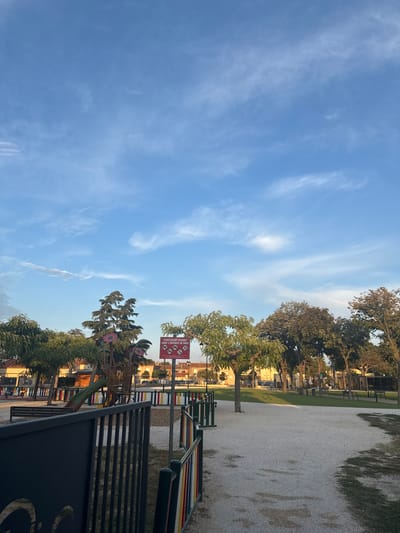 The image depicts a public park in Pia, France, likely during the late afternoon or early evening given the lighting conditions. The sky is a clear blue with wispy white clouds. The foreground is dominated by a black metal fence, with colorful vertical bars (red, yellow, green, blue) visible behind it. To the left, a playground structure with a green slide is partially visible, along with a brown bench. Behind the playground, several trees with green foliage are present, and in the background, residential buildings and some parked cars can be seen. A red sign with white text and several circular icons is mounted on a pole to the right of the playground. The ground in the park is covered with light-colored gravel, and a path curves through the scene. In the middle ground, more trees line the park, casting shadows on the grassy areas and gravel paths. Several dark benches are placed along the paths. No people are visible in the image.