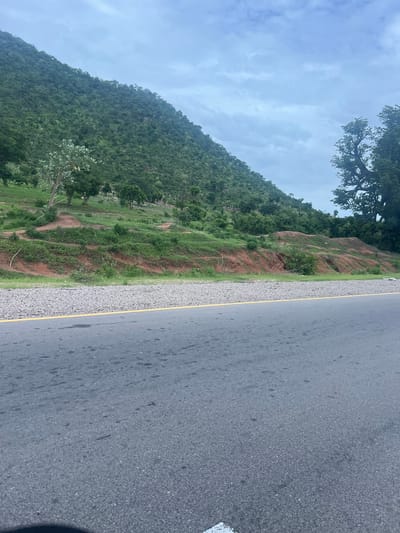 The image captures a roadside view of a verdant, hilly landscape in Minda, Nigeria. The scene is dominated by a steep, tree-covered hill rising to the left of the frame. The foliage is dense and varied, with patches of lighter green suggesting different tree species. Towards the bottom of the hill, exposed reddish-brown soil and scattered rocks are visible, indicating a natural, somewhat rugged terrain. A paved road runs along the right side of the image, distinguished by a yellow line marking the lane. The road surface appears to be asphalt, with some dark spots or stains. A narrow strip of gravel separates the road from the grassy embankment of the hill.
The sky above is overcast with light gray clouds, suggesting a possibly humid or rainy day, or simply a cloudy sky typical of the region. The lighting is diffused, indicating it is likely daytime, perhaps late morning or afternoon, but without direct sunlight. A large, mature tree with a sprawling canopy is visible in the upper left corner, its branches reaching out towards the sky, adding to the sense of natural abundance. A few scattered trees and bushes are also present on the lower slopes of the hill.
No people or specific objects are prominently featured, putting the focus on the natural environment and the infrastructure of the road. The overall impression is one of a scenic, perhaps remote, location in Nigeria, where nature meets human development in the form of a road traversing a hilly area. There is no visible text in the image.
